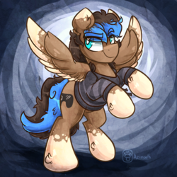 Size: 700x700 | Tagged: safe, artist:azimooth, oc, oc only, oc:playthrough, clothes, commission, controller, cutie mark, hoodie, hooves up, looking away, raised eyebrow, rearing, simple background, smiling, spread wings, wings