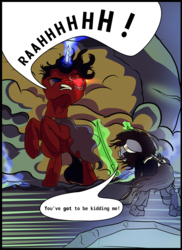 Size: 2400x3300 | Tagged: safe, artist:aaronmk, oc, oc:littlepip, oc:red eye, cyborg, earth pony, pony, unicorn, comic:it has to be this way, fallout equestria, bone, comic, crossover, fanfic, fanfic art, female, glowing horn, high res, horn, magic, magic glow, male, mare, metal gear, metal gear rising, raiden, stallion, sword, telekinesis, weapon