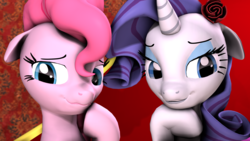 Size: 3200x1800 | Tagged: safe, artist:hellhounds04, pinkie pie, rarity, earth pony, pony, unicorn, g4, 3d, duo, female, flower, flower in hair, lesbian, rose, ship:raripie, shipping, source filmmaker