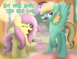 Size: 2636x2011 | Tagged: safe, artist:bubbly-storm, fluttershy, zephyr breeze, pegasus, pony, g4, alternate hairstyle, dialogue, female, high res, male, mare, one eye closed, stallion, wink