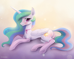 Size: 1224x979 | Tagged: safe, artist:scheadar, princess celestia, alicorn, pony, g4, blushing, butt, butt blush, clothes, female, folded wings, frog (hoof), horn, lace, looking at you, lying down, mare, missing accessory, plot, praise the sun, prone, raised tail, rear view, smiling, socks, solo, stockings, sunbutt, tail, thigh highs, underhoof, wings