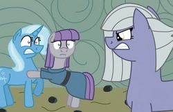 Size: 2048x1337 | Tagged: safe, artist:kindheart525, limestone pie, maud pie, trixie, pony, unicorn, kindverse, g4, angry, female, lesbian, mare, rock farm, ship:mauxie, shipping, story included