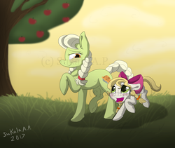 Size: 968x817 | Tagged: safe, artist:sukalaap, granny smith, oc, oc:honeycrisp, earth pony, pony, g4, applejack's mom, duo, female, mare, offspring, parent:granny smith, watermark, young granny smith