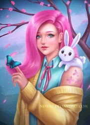 Size: 741x1024 | Tagged: safe, artist:nindei, angel bunny, fluttershy, butterfly, human, g4, alternative cutie mark placement, clothes, female, flower, hairclip, humanized, jacket, solo, tree