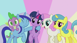 Size: 1366x768 | Tagged: safe, edit, edited screencap, screencap, lemon hearts, minuette, spike, twilight sparkle, twinkleshine, alicorn, dragon, pony, amending fences, g4, my little pony: friendship is magic, inverted mouth, twilight sparkle (alicorn)