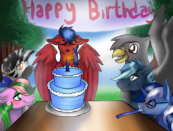 Size: 2048x1556 | Tagged: safe, artist:brainiac, oc, oc only, griffon, zebra, birthday cake, birthday party, cake, commission, food, group, party, party horn