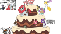 Size: 1920x1080 | Tagged: safe, artist:binkyt11, artist:cutepencilcase, daring do, pinkie pie, rarity, spike, surprise, oc, dragon, earth pony, griffon, pegasus, pony, unicorn, g4, aggie train, alternate hairstyle, birthday cake, cake, clothes, cosplay, costume, drawpile disasters, evil smile, fluffy mane, food, grin, happy birthday, hat, mr. potato head, party hat, potato rarity, raritato, scarf, smiling, speech bubble, tired, wat