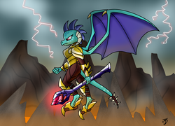 Size: 1699x1223 | Tagged: safe, artist:takutanuvataio, princess ember, dragon, g4, gauntlet of fire, armor, bloodstone scepter, dragon lord ember, female, flying, solo