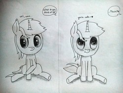 Size: 4160x3120 | Tagged: dead source, safe, artist:php142, oc, oc only, oc:purple flix, blushing, chibi, high res, looking up, male, monochrome, rubbing hooves, shy, sitting, smiling, solo, traditional art