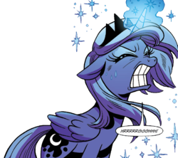 Size: 927x825 | Tagged: safe, artist:brendahickey, edit, idw, princess luna, alicorn, pony, g4, legends of magic, spoiler:comic, spoiler:comiclom1, background removed, female, out of context, s1 luna, simple background, solo, straining, transparent background, younger