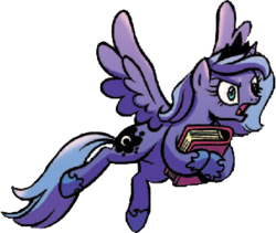 Size: 341x288 | Tagged: safe, artist:brenda hickey, edit, idw, princess luna, alicorn, pony, g4, legends of magic #1, my little pony: legends of magic, spoiler:comic, background removed, book, female, s1 luna, simple background, solo, transparent background, young luna, younger