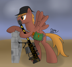 Size: 3700x3450 | Tagged: safe, artist:cloudy95, oc, oc only, oc:calamity, pegasus, pony, fallout equestria, anti-machine rifle, anti-materiel rifle, battle saddle, dashite, fanfic, fanfic art, gun, hat, high res, hooves, male, optical sight, rifle, saddle bag, signature, solo, spitfire's thunder, spread wings, stallion, wall, weapon, wings
