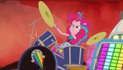 Size: 648x369 | Tagged: safe, screencap, pinkie pie, equestria girls, g4, my little pony equestria girls: rainbow rocks, animated, animated screencap, balloon, bracelet, cymbals, drum kit, drums, drumsticks, female, gif, jewelry, logo, musical instrument, ponied up, rainbow rocks outfit, welcome to the show
