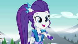 Size: 1280x720 | Tagged: safe, screencap, rarity, equestria girls, g4, my little pony equestria girls: legend of everfree, clothes, crystal guardian, female, mountain, open mouth, ponied up, pony ears, solo, sparkles, super ponied up, tree
