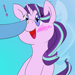 Size: 1280x1280 | Tagged: safe, artist:lookabombaboo, starlight glimmer, trixie, pony, unicorn, g4, 30 minute art challenge, blushing, boop, cute, exclamation point, female, glimmerbetes, heart, heart eyes, mare, open mouth, smiling, solo, wingding eyes