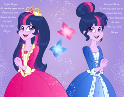 Size: 2000x1564 | Tagged: safe, artist:purfectprincessgirl, sci-twi, twilight sparkle, equestria girls, g4, alternate hairstyle, barbie, big crown thingy, clothes, crown, cute, dress, duo, element of magic, hair bun, open mouth, regalia, sparkles, the princess and the pauper, twolight