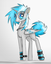 Size: 1253x1576 | Tagged: safe, artist:fenixdust, oc, oc only, oc:moonbeam, alicorn, pony, alicorn oc, bracelet, chains, chest fluff, ear piercing, female, folded wings, gradient background, happy, jewelry, leg warmers, mare, necklace, piercing, solo, standing, wings