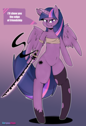 Size: 3000x4400 | Tagged: safe, artist:enryuuchan, twilight sparkle, alicorn, pony, semi-anthro, g4, angry, bandeau, belly button, bipedal, clothes, dialogue, female, high res, katana, looking at you, magic, solo, stockings, sword, thigh highs, twilight sparkle (alicorn), weapon