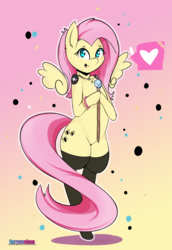 Size: 3100x4500 | Tagged: safe, artist:enryuuchan, fluttershy, pony, semi-anthro, g4, bipedal, clothes, dialogue, female, high res, jewelry, looking at you, love, necklace, scepter, smiling, solo, stockings, thigh highs