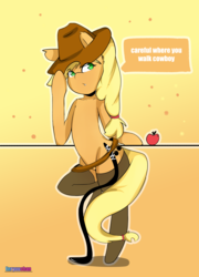 Size: 3600x5000 | Tagged: safe, artist:enryuuchan, applejack, earth pony, semi-anthro, g4, absurd resolution, apple, bipedal, cowboy hat, cowgirl, dialogue, female, food, fruit, hat, hat tip, open mouth, solo, stetson, whip