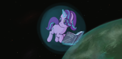 Size: 2484x1200 | Tagged: safe, artist:re7natus, starlight glimmer, pony, unicorn, g4, book, female, magic, magic bubble, solo, space, stars