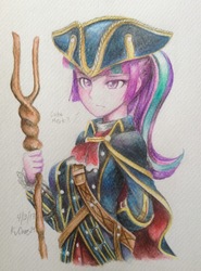 Size: 1690x2286 | Tagged: safe, artist:kvorias23, starlight glimmer, equestria girls, g4, assassin's creed, crossover, female, hat, haytham kenway, s5 starlight, signature, simple background, solo, staff, staff of sameness, traditional art, tricorne, watercolor painting