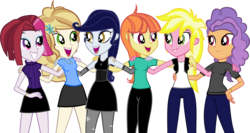 Size: 5980x3180 | Tagged: safe, artist:ironm17, cayenne, citrus blush, moonlight raven, pretzel twist, sunshine smiles, sweet biscuit, equestria girls, g4, absurd resolution, clothes, dress, equestria girls-ified, fingerless gloves, gloves, goth, gothic, group, hand on hip, happy, miniskirt, pantyhose, ripped pantyhose, shirt, short-sleeved jacket, short-sleeved sweater, skirt, sleeveless dress, sweater, t-shirt, thighs, tights