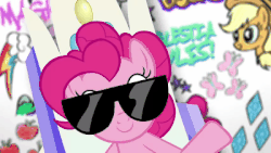 Size: 400x225 | Tagged: dead source, safe, screencap, applejack, fluttershy, pinkie pie, twilight sparkle, pony, g4, official, animated, falling, female, fresh princess of friendship, gif, graffiti, gravity, pinkie physics denied, reality ensues, spinning, sunglasses, the fresh prince of bel-air, twilight's castle, youtube link