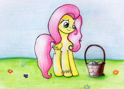 Size: 1197x863 | Tagged: safe, artist:songbirdserenade, fluttershy, pegasus, pony, g4, basket, easter, easter basket, easter bunny, easter egg, easter egg hunt, female, looking at something, looking down, smiling, solo, standing, traditional art