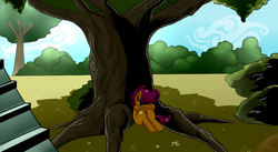 Size: 1280x700 | Tagged: dead source, safe, artist:starykrow, scootaloo, pony, semi-anthro, g4, bush, curled up, female, grass, orphan, outdoors, sad, scootalone, scootasad, sitting, solo, tree