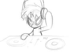 Size: 800x600 | Tagged: safe, artist:starykrow, dj pon-3, vinyl scratch, pony, unicorn, g4, female, headphones, hoof hold, monochrome, sketch, solo, sunglasses, turntable