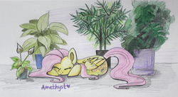 Size: 4987x2731 | Tagged: safe, artist:ami-gami, fluttershy, g4, eyes closed, female, flower, folded wings, high res, potted plant, prone, sleeping, solo, traditional art