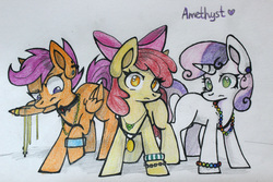 Size: 5184x3456 | Tagged: safe, artist:ami-gami, apple bloom, scootaloo, sweetie belle, g4, absurd resolution, blank flank, confused, cutie mark crusaders, jewelry, looking at you, medallion, necklace, standing, traditional art, trio, wristband