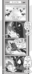 Size: 1451x3300 | Tagged: safe, artist:loreto-arts, queen chrysalis, spike, changeling, dragon, comic:friendship is innuendo, g4, aura, battle aura, comic, crying, grayscale, let it happen, monochrome