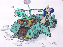 Size: 756x559 | Tagged: safe, artist:agm, bon bon, lyra heartstrings, sweetie drops, earth pony, pony, unicorn, g4, car, dieselpunk, duo, road sign, smz s-3a