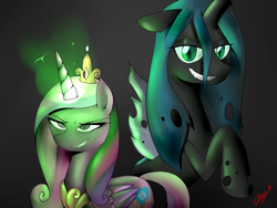 Size: 800x600 | Tagged: safe, artist:starykrow, queen chrysalis, alicorn, changeling, changeling queen, pony, g4, crown, disguise, disguised changeling, fake cadance, female, glowing horn, grin, horn, jewelry, lidded eyes, looking at you, peytral, raised hoof, regalia, smiling