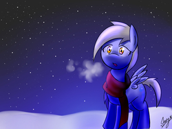 Size: 800x600 | Tagged: safe, artist:starykrow, derpy hooves, pegasus, pony, g4, breath, clothes, female, lidded eyes, open mouth, scarf, snow, snowfall, solo, spread wings, stars, wings
