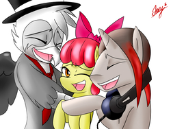 Size: 800x600 | Tagged: safe, artist:starykrow, apple bloom, oc, oc:jackleapp, oc:mic the microphone, griffon, pony, unicorn, g4, bow, female, filly, griffonsona, hair bow, hat, headphones, hug, musician, necktie, one eye closed, open mouth, ponysona, top hat