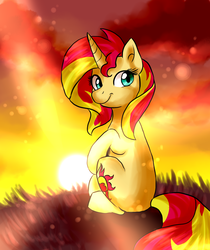 Size: 1170x1394 | Tagged: dead source, safe, artist:not-ordinary-pony, sunset shimmer, pony, unicorn, g4, cute, faic, female, grass, looking back, mare, raised hoof, rear view, shimmerbetes, sitting, smiling, smirk, solo, sunset, sunshine shimmer, twiface