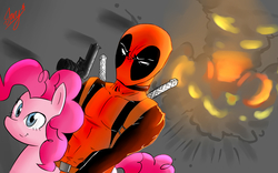 Size: 1280x800 | Tagged: safe, artist:starykrow, pinkie pie, earth pony, pony, g4, crossover, deadpool, explosion, gun, handgun, humans riding ponies, pistol, riding, smiling