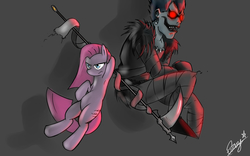 Size: 1280x800 | Tagged: safe, artist:starykrow, pinkie pie, earth pony, pony, g4, armpits, clothes, crossover, death note, ear piercing, earring, glowing eyes, jewelry, pants, piercing, pinkamena diane pie, red eyes, ryuk, scythe, shinigami, shirt