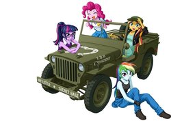 Size: 800x566 | Tagged: safe, artist:uotapo, pinkie pie, rainbow dash, sci-twi, sunset shimmer, twilight sparkle, equestria girls, g4, car, eyes closed, glasses, jeep, looking at you, open mouth, simple background, smiling, white background, willys jeep, wip