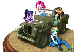 Size: 800x566 | Tagged: safe, artist:uotapo, pinkie pie, rainbow dash, sci-twi, sunset shimmer, twilight sparkle, equestria girls, g4, car, eyes closed, glasses, jeep, looking at you, open mouth, smiling, willys jeep, wip