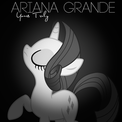 Size: 800x800 | Tagged: safe, artist:penguinsn1fan, artist:tomfraggle, rarity, g4, ariana grande, cover, eyes closed, female, monochrome, parody, raised hoof, solo
