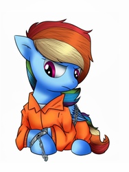 Size: 768x1024 | Tagged: safe, artist:globug100art, rainbow dash, g4, bound wings, chains, clothes, cuffed, cuffs, female, frustrated, handcuffed, prison outfit, prisoner, prisoner rd, shackles, shirt, solo, undershirt