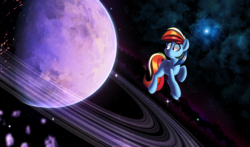 Size: 3195x1880 | Tagged: safe, artist:january3rd, rainbow dash, pegasus, pony, g4, female, looking back, mare, planet, planetary ring, solo, space, stars