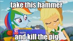 Size: 1366x768 | Tagged: safe, edit, edited screencap, screencap, applejack, rainbow dash, equestria girls, g4, my little pony equestria girls: legend of everfree, discovery kids, hammer, image macro, meme, peppa pig, peppa pig (character), portuguese