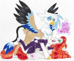Size: 752x619 | Tagged: safe, artist:frozensoulpony, oc, oc only, oc:ganymede, oc:little lady, classical hippogriff, earth pony, hippogriff, pony, clothes, female, interspecies, male, mare, offspring, on back, parent:applejack, parent:gilda, parent:jet set, parents:applejet, parents:gildin', socks, spread wings, traditional art, wings