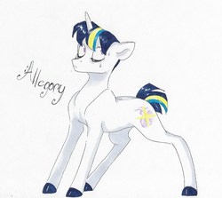 Size: 612x547 | Tagged: safe, artist:frozensoulpony, oc, oc only, oc:allegory, pony, unicorn, eyes closed, male, offspring, parent:comet tail, parent:twilight sparkle, parents:cometlight, solo, stallion, traditional art
