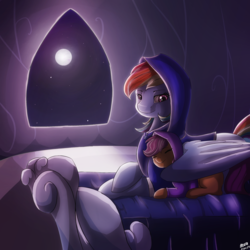 Size: 2000x2000 | Tagged: safe, artist:darkray777, rainbow dash, scootaloo, g4, bed, bedroom, clothes, cute, eyes closed, female, high res, hoodie, hug, moon, moonlight, night, scootalove, stars, window, winghug